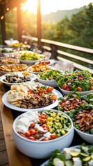 Fototapeta premium Vibrant outdoor buffet of global gastronomies captured wide angle celebrating international foods in a beautiful setting