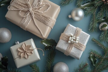 Embellished wrapped gifts and decorative ornaments arranged on a blue surface with greenery for a festive Christmas flat lay display