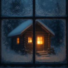 Cozy winter cabin glowing through frosted window glass, warm light in snowy forest night, peaceful holiday home view concept, rustic wooden house illuminated in cold weather season, serene Christmas m