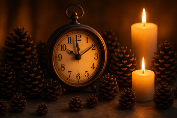 Vintage clock surrounded by pinecones and glowing candles, warm cozy holiday atmosphere concept, Christmas countdown winter season composition, nostalgic timepiece decor illuminated in soft golden lig