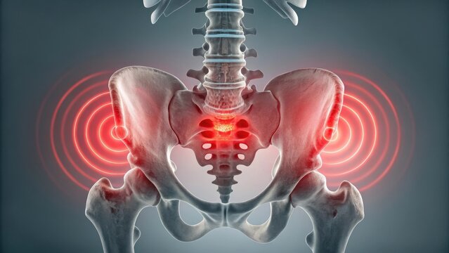 Anatomical illustration showing painful coccyx bone emitting red energy