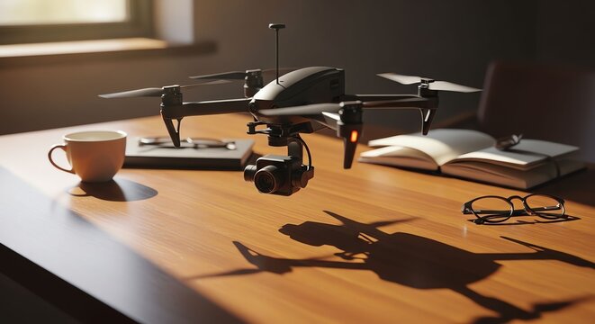 Drone with Camera on Wooden Desk in Natural Light Office Setting