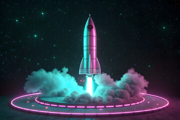 Neon rocket on launchpad with cyberpunk glow