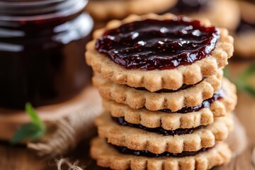 Delicious homemade cookies with jam filling made from brown sugar stacked on a wooden table in a cozy kitchen setting