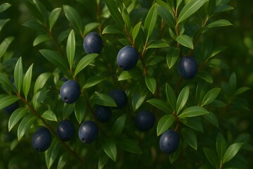 myrtus communis shrub with ripe dark blue berries and green leaves
