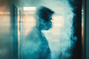 Medical professional standing in a blurred hospital corridor enveloped by fog during a clinical visit in the evening light