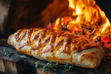 Calzone bakes in a woodburning oven creating a delicious golden crust, surrounded by warm flames and a rustic ambiance