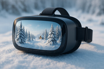 Virtual reality headset on snow reflecting winter forest landscape with cabin, immersive VR experience technology concept, futuristic augmented simulation environment, innovation in digital winter won