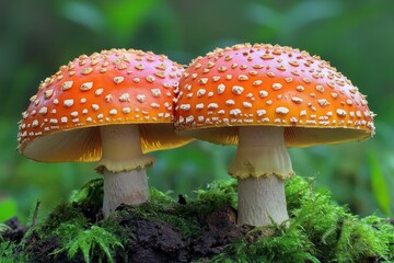 Mushrooms with vibrant orange caps covered in specks of white grow beside lush green moss in a serene forest setting during the early morning light