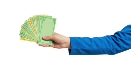 Hand holding fan of yellow and green banknotes denominations 20 50 100 visible blue jacket sleeve isolate money currency cash wealth finance financial