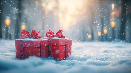 Snowy park, two red gifts, winter sunset, festive scene, holiday card