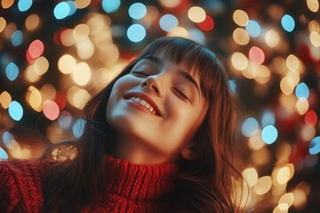 Happy woman with Down syndrome smiles joyfully near a beautifully decorated Christmas tree filled with colorful lights and festive cheer in a warm indoor setting