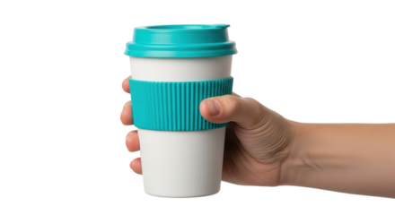 Hand holding a white reusable coffee cup with a turquoise lid and grip isolate Reusable Cup Travel Mug Takeaway Cup Beverage Container White Cup Drinkware