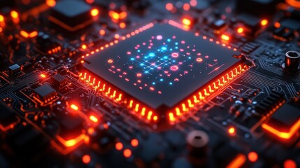 Obraz premium Illuminated CPU on circuit board, glowing components, futuristic technology background. Possible use Technology, science, innovation, engineering