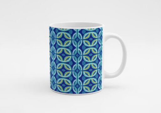 White Ceramic Mug with Retro Blue Geometric Pattern on White Background - Powered by Adobe