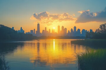 Golden sunset reflecting on the water with a modern skyline silhouette in a serene urban park setting