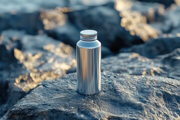 Realistic empty mini nip of strong alcohol drink sits alone on a rocky surface during golden hour, showcasing reflective metal and tranquil surroundings