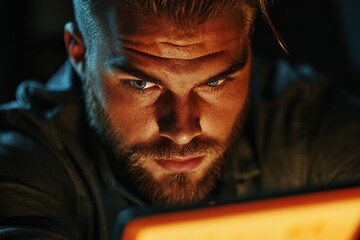Closeup of a man focused on making an online payment via credit card in a dimly lit room showcasing concentration and digital interaction