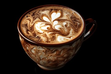 Coffee cup with latte art showcasing intricate designs on a dark background, emphasizing the creamy texture and rich colors in a cozy atmosphere