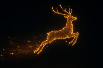 Golden glowing reindeer silhouette made of light trails leaping on dark background, luminous Christmas deer illustration, festive holiday energy motion art, magical light animal jumping through night 
