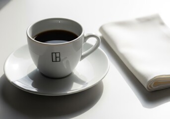 Dark Coffee in White Cup with Napkin on Table in Soft Light