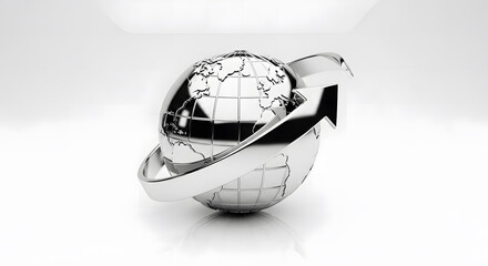 Metal globe with upward arrow symbolizing global business growth