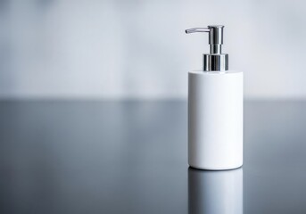 Elegant White Bottle with Silver Pump on Gray Surface Minimalist Style
