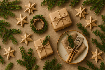 Eco friendly Christmas table setting with wrapped gifts, pine branches, natural wooden stars, rustic festive decor arrangement, minimal holiday composition, sustainable winter celebration aesthetic ba