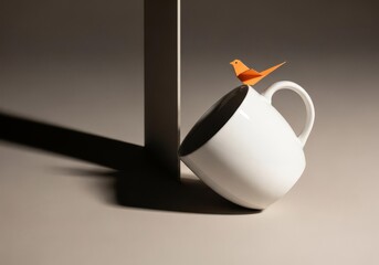 White Ceramic Cup with Orange Origami Bird on Neutral Background