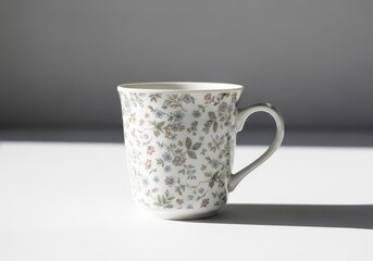 Vintage Floral Mug Standing on White Surface with Soft Natural Lighting