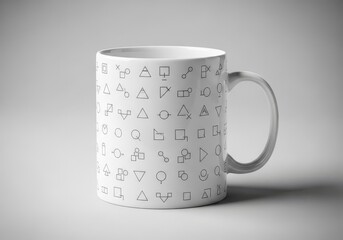 White Mug with Black Geometric Shapes on Soft Gray Background