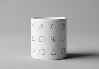 White Mug with Geometric Patterns on Gray Background Still Life