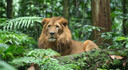 Naklejka premium In the animal kingdom, a majestic portrait of a regal male lion resting on a rock in a lush green jungle is a notable example of wildlife photography