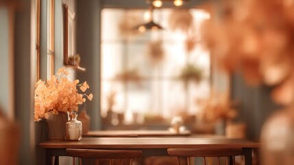 Cozy café interior INTENTIONALLY BLURRED IMAGE with autumn decorations and soft morning light
