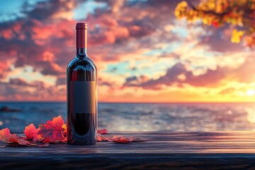 Bottle of red wine rests on weathered wooden surface as vibrant sunset casts colorful reflections on calm waters with scattered autumn leaves nearby