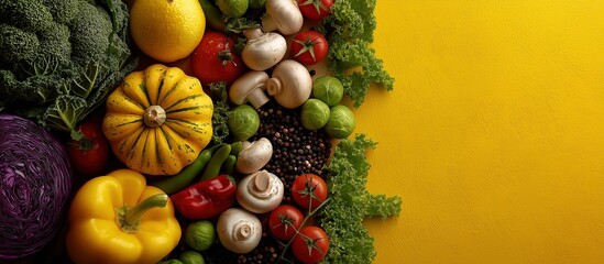 Vibrant and colorful display of fresh vegetables against an empty yellow background perfect for adding text or graphics about healthy eating
