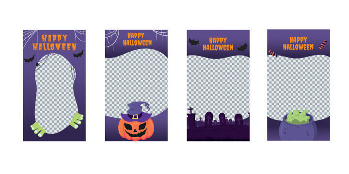 Halloween-themed Instagram story templates in flat design with pumpkin, witch hat, cauldron, and spooky elements. Perfect for festive digital content and creative layouts.
