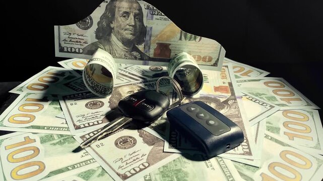 Car made of American currency banknotes and car key on money background. Mortgage and savings concept. Selective focus.