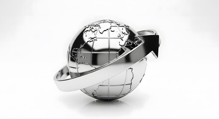 Metal globe with upward arrow symbolizing global business growth