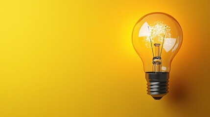 Illuminated lightbulb on bright yellow background