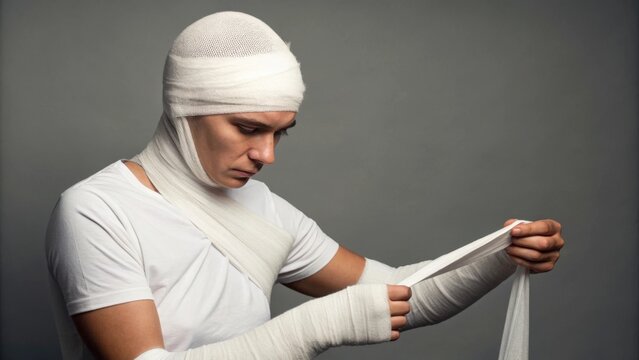 Person wrapping bandages around themselves as medical concept