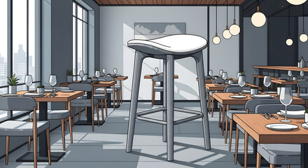Inviting modern restaurant interior design featuring a stylish white bar stool prominently, showcasing a contemporary dining atmosphere with an expansive urban cityscape view