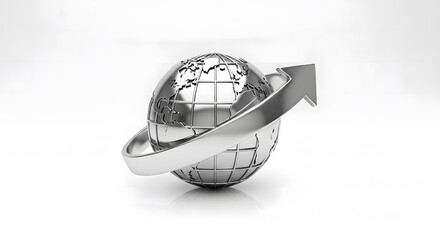 Metal globe with upward arrow symbolizing global business growth