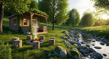 Rustic cabin by a tranquil stream and warm campfire, surrounded by lush green forest under a peaceful sunset, offering a serene nature escape