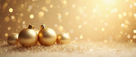 Golden Christmas ornaments rest on a bed of sparkling glitter against a warm