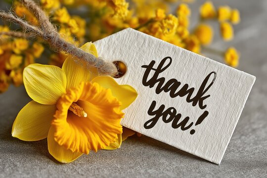 White tag with the text thank you written in black marker featuring a single yellow daffodil flower against a gray fabric background