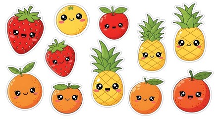 Kawaii Fruit Stickers – Cute Strawberry, Pineapple & Orange Clip Art Set