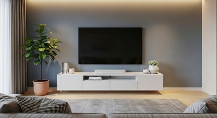 Modern living room entertainment setup with large television and white media console