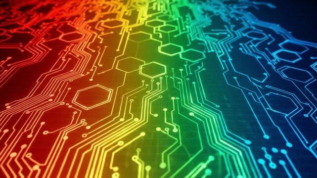 Abstract digital circuit board artwork with colorful light display