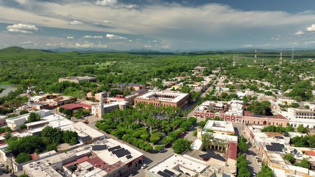 Aerial view orbiting the historic center of El Fuerte, in sunny Sinaloa, Mexico